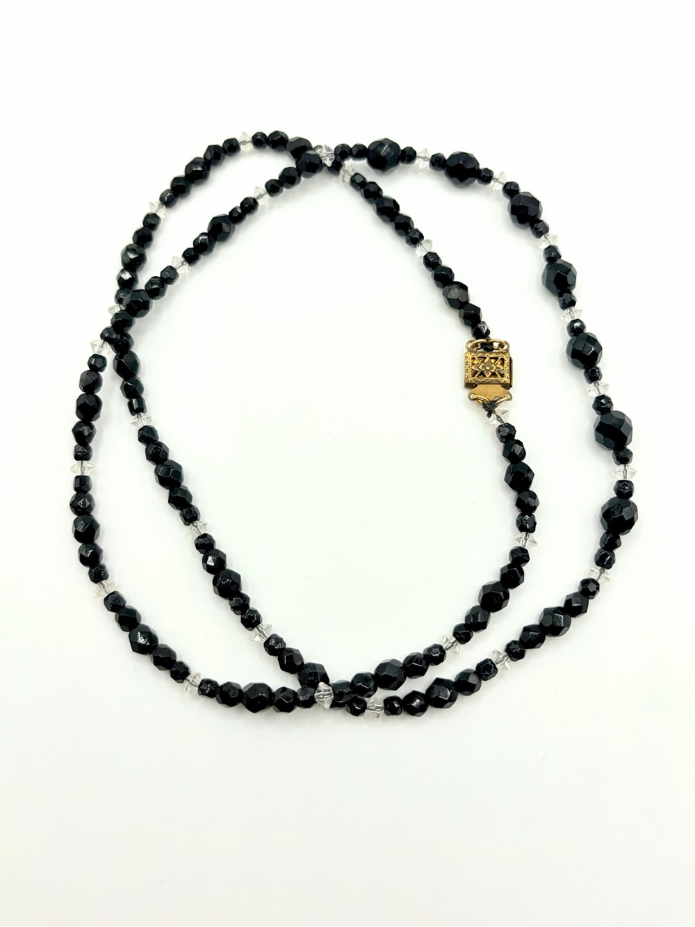 Vintage Art Deco Jet Black Glass Rock Crystal Beaded Faceted Necklace